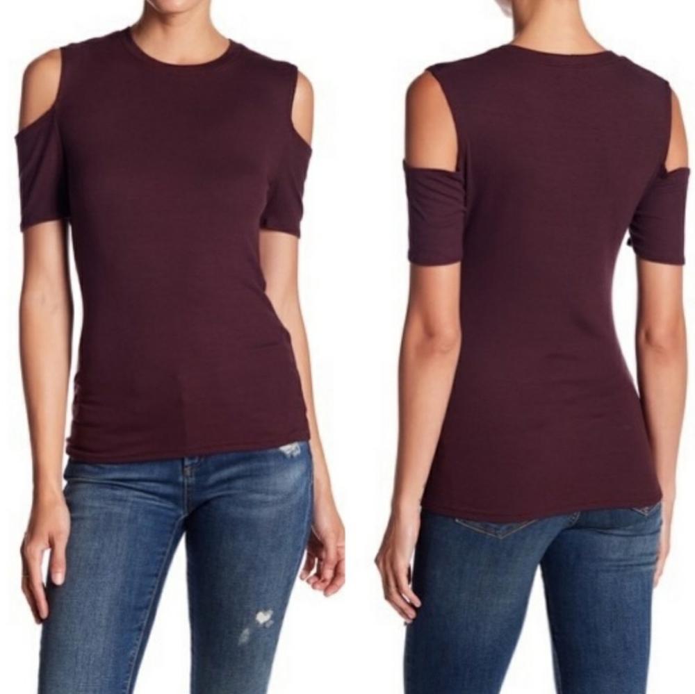 JOE'S JEANS COLD SHOULDER MERLOT RIBBED TEE